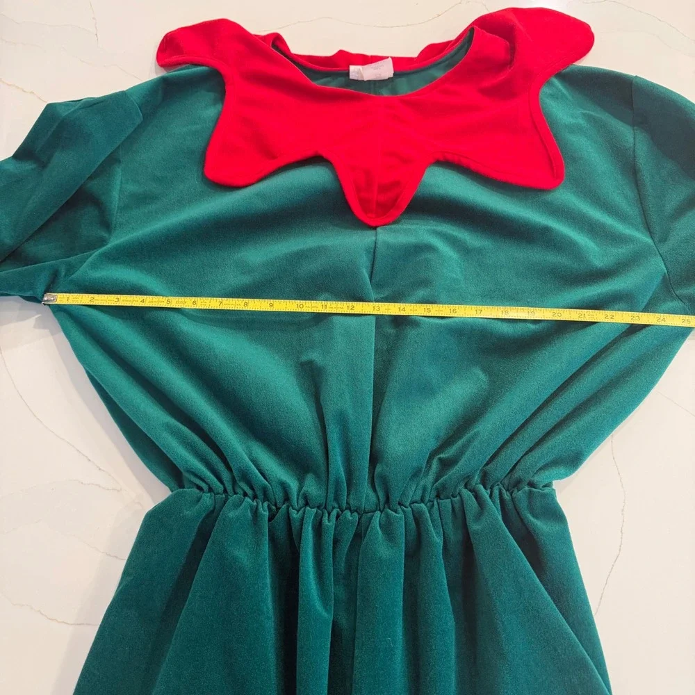 Adult Jester Elf Costume Tunic Green Red Velvet Scalloped Large Made in USA